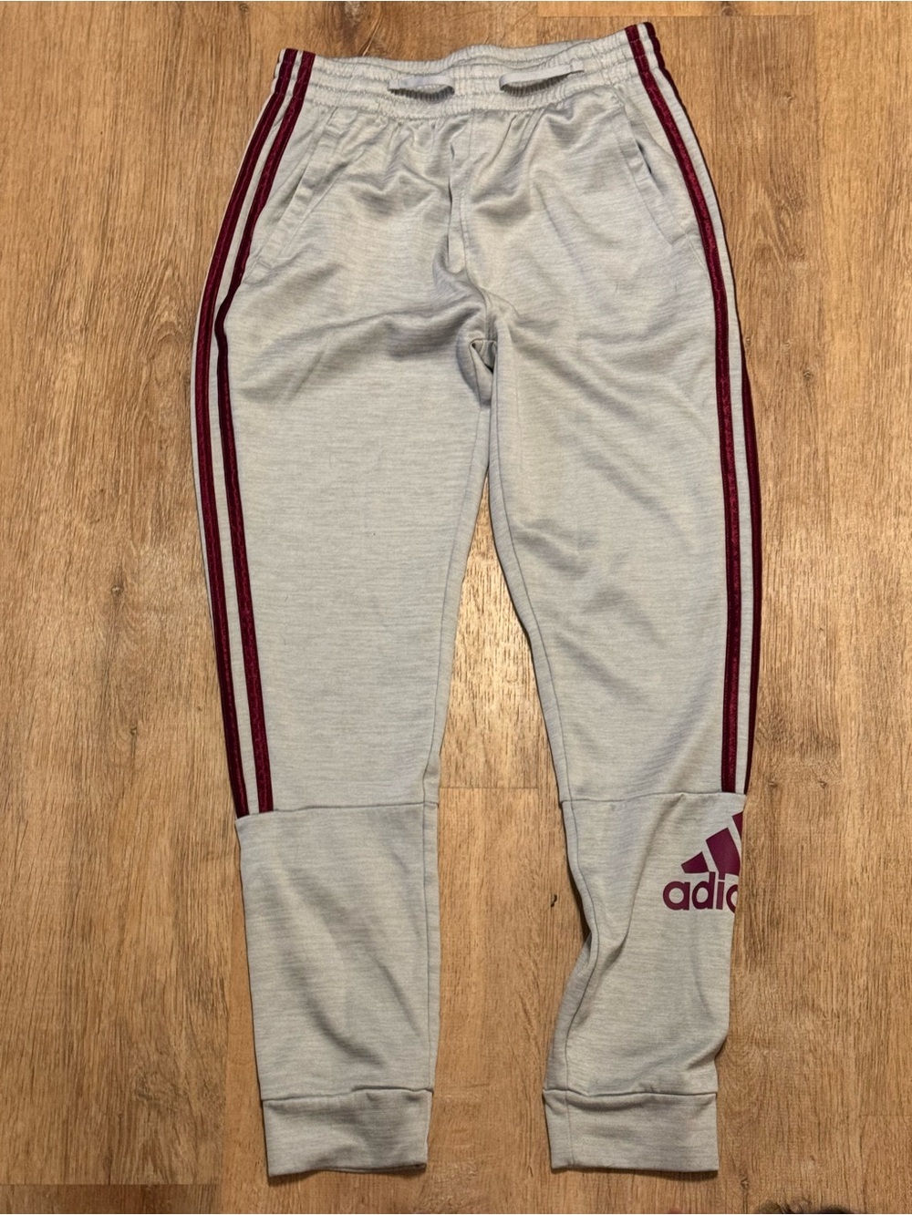 Adidas Youth XL 16 Gray Burgundy 3-Stripe Jogger Pants Tapered Fleece Sweatpants
